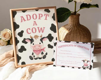 Plantilla de cartel y certificado "Adopta una vaca", Estación de adopción de vacas rosas imprimible, Actividad para fiesta de cumpleaños en la granja, ¡Santo cielo, vaca, muuu! Tengo dos años