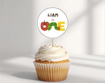 Hungry Caterpillar 1st Birthday Cupcake Toppers, Editable Name Template, Printable Party Circles, Kids Birthday Decorations c42h
