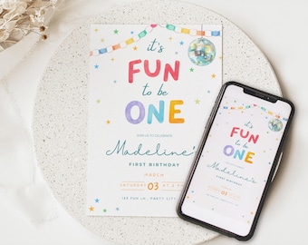 Invitación de cumpleaños "Es divertido ser uno", invitación de primer cumpleaños disco, invitación para fiesta de un año, invitación de Canva "Es divertido ser uno"