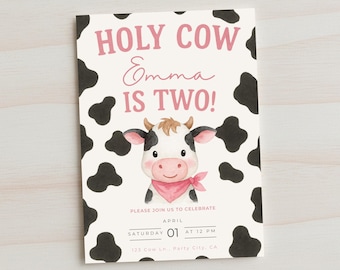 Invitación "¡Santo cielo, tengo DOS años!", Invitación con estampado de vaca rosa, 2.º cumpleaños de niña, Plantilla para fiesta en la granja, Granja rústica, Descarga editable en Canva
