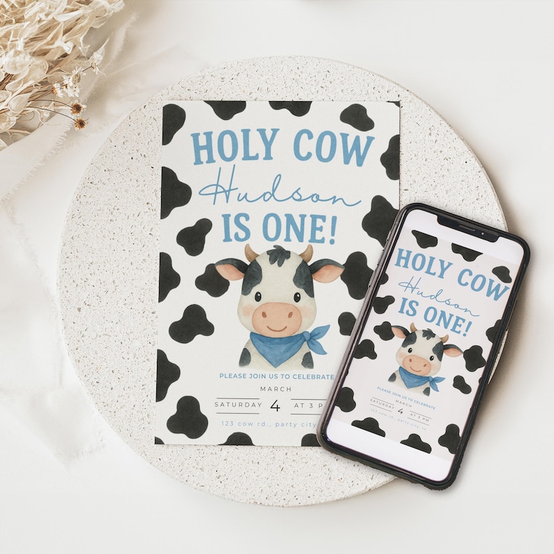 Holy Cow I'm One Invitation, Blue Cow Print Invite, Boy 1st Birthday, Farm Party Template, Rustic Barnyard, Editable Canva Download b2c5 image 1