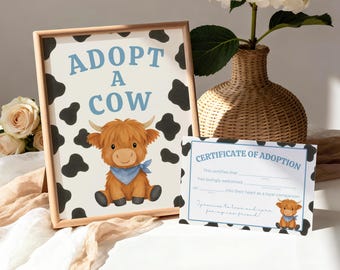 Plantilla de cartel y certificado para adoptar una vaca de las Tierras Altas, actividad para fiesta de vacas de las Tierras Altas, imprimible para cumpleaños en la granja, recuerdo para estación de adopción de vacas
