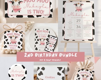 Paquete de cumpleaños "Moo Moo I'm TWO" con estampado de vaca rosa, decoración para fiesta de granja de segundo cumpleaños, plantillas editables de Canva.