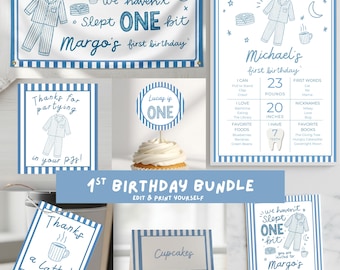 Paquete de cumpleaños "No hemos dormido nada", imprimibles para fiesta de pijamas azules, decoraciones de panqueques y pijamas para el primer cumpleaños, plantillas de Canva