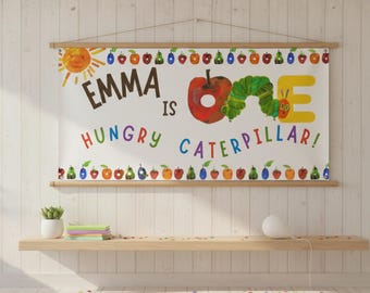 Banner de cumpleaños de la Oruga Hambrienta, Decoración personalizada para el primer cumpleaños, Banner de fiesta editable, Decoración de cumpleaños imprimible, Descarga c42h