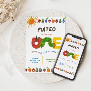 Editable Hungry Caterpillar Birthday Invitation, 1st Birthday Party Invite Template, Printable Canva Birthday Card, Digital Download c42h