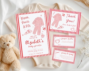 Paquete de invitaciones editables con chupetes de pizza y pijamas para bebé, invitación para baby shower con pijamas rojos, fiesta de pijamas con detalles de rayas para bebé.