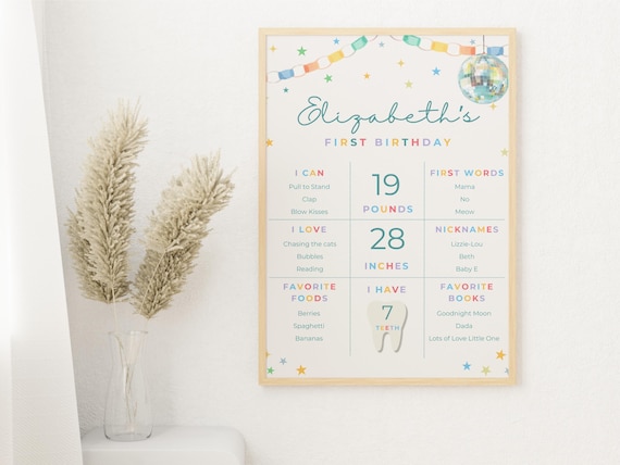 Fun to Be ONE Milestone Poster, First Birthday Milestone Sign, Disco First Birthday Poster, Editable One Year Old Stats