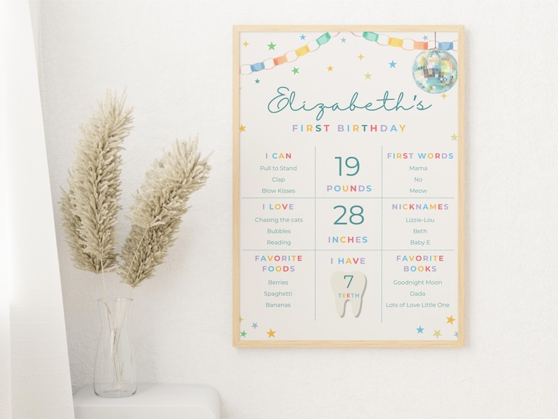 Fun to Be ONE Milestone Poster, First Birthday Milestone Sign, Disco First Birthday Poster, Editable One Year Old Stats image 1