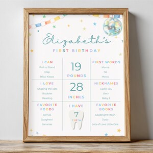 Fun to Be ONE Milestone Poster, First Birthday Milestone Sign, Disco First Birthday Poster, Editable One Year Old Stats image 2