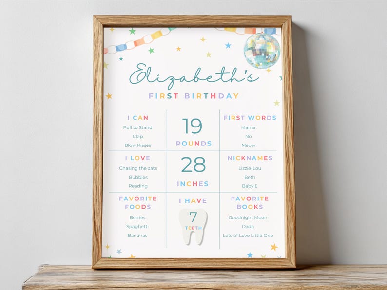 Fun to Be ONE Milestone Poster, First Birthday Milestone Sign, Disco First Birthday Poster, Editable One Year Old Stats image 2