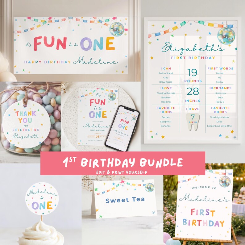 Fun to Be ONE Milestone Poster, First Birthday Milestone Sign, Disco First Birthday Poster, Editable One Year Old Stats image 4
