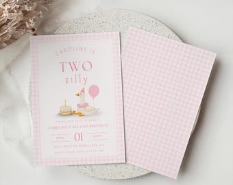 Invitación de cumpleaños de dos gansos tontos, invitación de cumpleaños de ganso para segundo cumpleaños, invitación editable para fiesta de cumpleaños de niña, plantilla de Canva con temática de ganso rosa