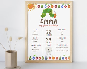 Póster de primer cumpleaños de La Oruga Hambrienta, gráfico editable, decoración de fiesta imprimible, plantilla Canva de descarga digital c42h