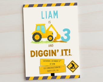 Invitación de cumpleaños de construcción, invitación para el tercer cumpleaños de Diggin' It, fiesta de excavadora, plantilla editable de Canva