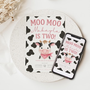 Moo Moo Ich bin Zwei Geburtstagseinladung, rosa Kuh 2.Geburtstag einladen, Bauernhof-Geburtstagsfeier-Einladung, Kuh-Geburtstagsfeier, Canva-Vorlage