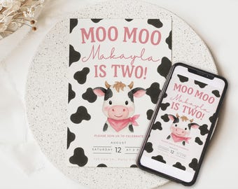 Invitación de cumpleaños "Moo Moo I'm Two", invitación para el segundo cumpleaños de una vaca rosa, invitación para fiesta de cumpleaños en la granja, cumpleaños con temática de vaca, plantilla de Canva