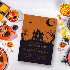 Halloween Party Invitation Template, Editable Canva Invite, Spooky Haunted House Printable, Digital Halloween Download, Custom Party Flyer