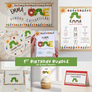 Banner di invito per il primo compleanno del bruco affamato, decorazioni per cupcake, etichette per alimenti, poster per traguardi, etichette per bomboniere e stampabili per feste c42h