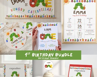 Paquete grande de invitación para el primer cumpleaños de la Oruga Hambrienta, pancarta, adornos para cupcakes, etiqueta de comida, póster de hitos, etiquetas de recuerdo e imprimibles para fiesta c42h