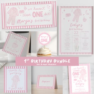 May include: A collection of pink and white striped party decorations for a 1st birthday. The set includes a banner, invitation, sign, cupcake topper, and a framed print. The print includes details like weight in pounds and height in inches (approx. 71 cm).