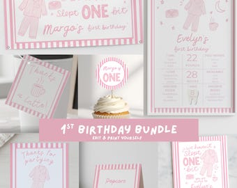 Kit de cumpleaños "No hemos dormido ni un segundo", imprimibles para fiesta de pijamas rosas, decoraciones para el primer cumpleaños con temática de panqueques y pijamas, plantillas de Canva p0j1