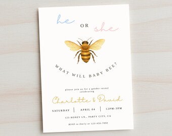 Invitación "Él o ella, ¿qué hará?", invitación para revelar el género de una abeja, plantilla de acuarela para revelar el género, Canva editable, baby shower minimalista de abejas.