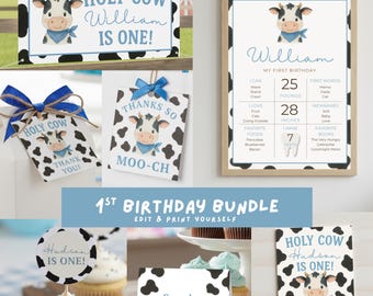 Paquete de cumpleaños "¡Santo cielo, cumplo un año!", estampado de vaca azul para niño de primer cumpleaños, plantillas editables de Canva, set de decoración para fiesta de vaquero de granja b2c5