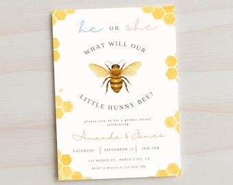 Invitación para revelar el género de tu bebé, temática de abeja, plantilla editable de Canva, invitación imprimible para baby shower.