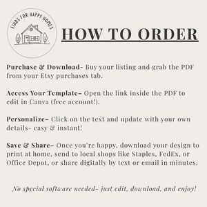 May include: Cream-colored graphic with text "HOW TO ORDER" and instructions for purchasing and personalising a template. Includes a small house illustration with the text "FINDS FOR HAPPY HOMES" in a circular design.