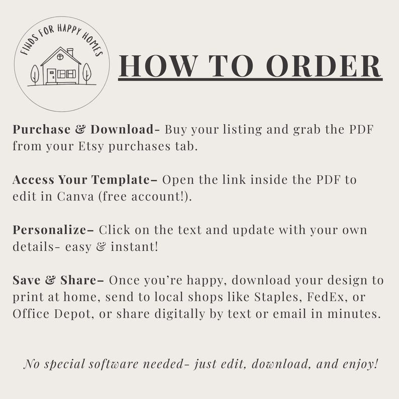 May include: Cream-colored graphic with text "HOW TO ORDER" and instructions for purchasing and personalising a template. Includes a small house illustration with the text "FINDS FOR HAPPY HOMES" in a circular design.