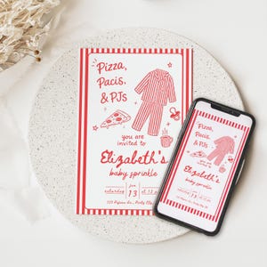 Pizza Pacis & PJs Baby Shower Invitation, Red Pajama Party Baby Sprinkle Invite, Editable Canva Template 5x7 Vertical