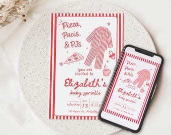 Invitación para baby shower con pizza, chupetes y pijamas, invitación con chispas rojas para fiesta de pijamas, plantilla editable de Canva de 5 x 7 pulgadas (vertical)