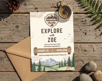Invitación de cumpleaños "Aventura te espera", invitación a una fiesta en un parque nacional, plantilla editable para una expedición de campamento, descarga digital de aventuras al aire libre