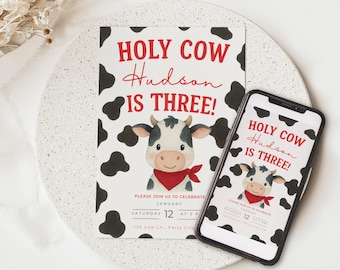 Invitación de cumpleaños de vaca sagrada, invitación de cumpleaños de granja, fiesta de granja con estampado de vaca, plantilla editable de Canva, invitación para fiesta de cumpleaños de vaca