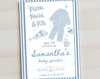 Invitación para baby shower con pizza, pijamas y chupetes, fiesta de pijamas azules, plantilla editable de Canva de 5 x 7 pulgadas (vertical)