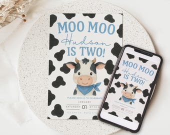 Invitación de cumpleaños "Moo Moo I'm Two", invitación para el segundo cumpleaños de una vaca, invitación para una fiesta de cumpleaños en la granja, cumpleaños con temática de vaca, plantilla de Canva
