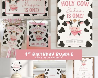Paquete de cumpleaños "¡Santo cielo, ya tengo un año!", estampado de vaca rosa para el primer cumpleaños, plantilla editable de Canva, decoración para fiesta temática de granja, primer set de vaquera p1c4