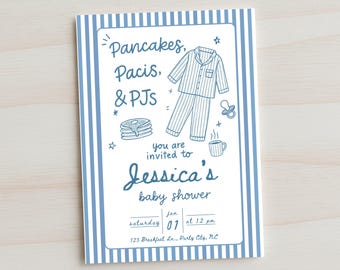 Invitación para Baby Shower con temática de Panqueques, Pijamas y Chupetes, Invitación para Fiesta de Pijamas Azul, Plantilla editable de Canva, Baby Shower con Desayuno