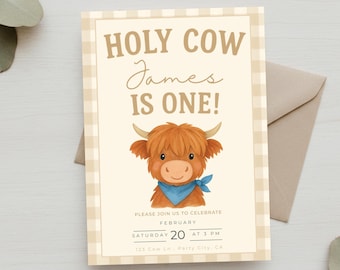 Invitación de cumpleaños con temática de vaca azul sagrada, invitación de cumpleaños con vaca de las Highlands, plantilla editable de Canva con temática de granja, descarga digital imprimible