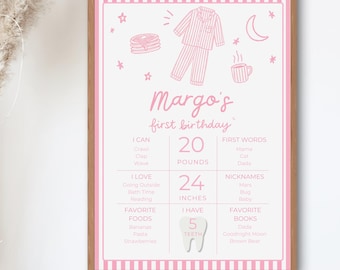 We Haven’t Slept One Bit Milestone Poster, Pajama Party First Birthday, Pink Milestone Board, Editable Canva Template, Baby Stats Sign p0j1