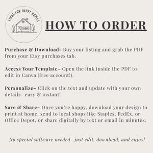 May include: A beige graphic with the text "HOW TO ORDER" and instructions for purchasing and downloading a template. The image includes a logo with a house and the words "FINDS FOR HAPPY HOMES".