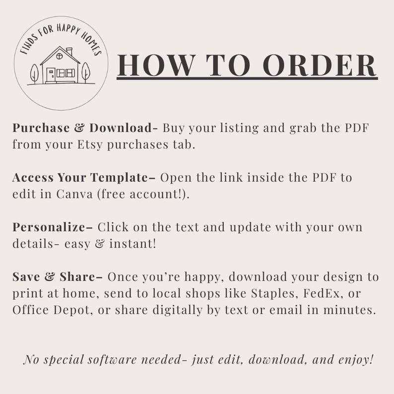 May include: A beige graphic with the text "HOW TO ORDER" and instructions for purchasing and downloading a template. The image includes a logo with a house and the words "FINDS FOR HAPPY HOMES".