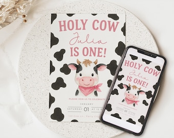 Invitación "¡Santo cielo, ya tengo un año!", Invitación con estampado de vaca rosa, Primer cumpleaños de niña, Plantilla para fiesta en la granja, Granja rústica, Descarga editable en Canva p1c4