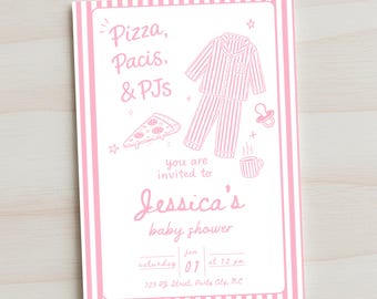 Invitación para baby shower con pizza, pijamas y chupetes, fiesta de pijamas rosa, plantilla editable de Canva de 5 x 7 pulgadas (vertical)