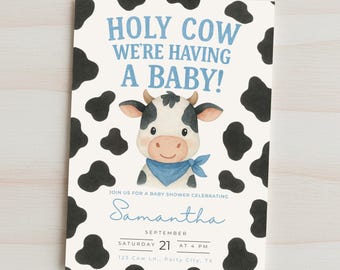 Invitación "Vaya, vamos a tener un bebé", invitación para baby shower de vaca, baby shower de granja, invitación con estampado de vaca azul, plantilla editable de Canva