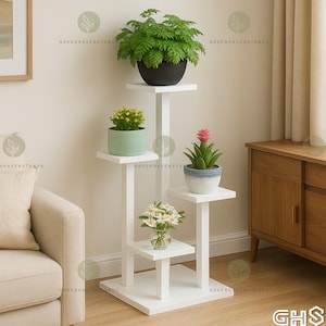 May include: A white, multi-tiered plant stand with four platforms, each holding a different potted plant. The plants include a fern, yellow flowers, a pink succulent, and white daisies. The stand is made of wood and has a modern design.