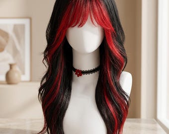 May include: A long, wavy wig featuring a black base color with vibrant red highlights throughout the lengths and bangs. The hair is styled with a center part and soft, face-framing layers. A black lace choker with a small red flower is worn.