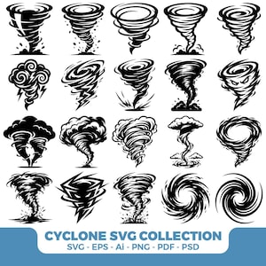 SVG de ciclón, SVG de tornado, SVG de huracán, paquete de SVG meteorológicos, imágenes prediseñadas de vórtice de tormenta, PNG de tornado, silueta de ciclón