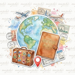 May include: Watercolor illustration featuring a globe, airplanes, travel stamps, a suitcase with stickers, a passport with "ADVENTURE AWAITS" text, a boarding pass, and a red location marker. The theme is travel and adventure.